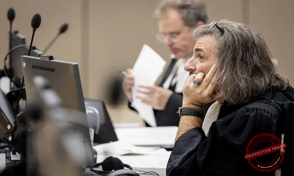 War crimes defense lawyer reviewing international legal evidence, courtroom documents, and humanitarian law case files