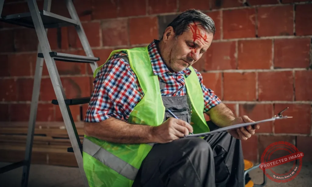 Workplace injury claims attorney helping injured employee review compensation documents and workplace accident claim papers